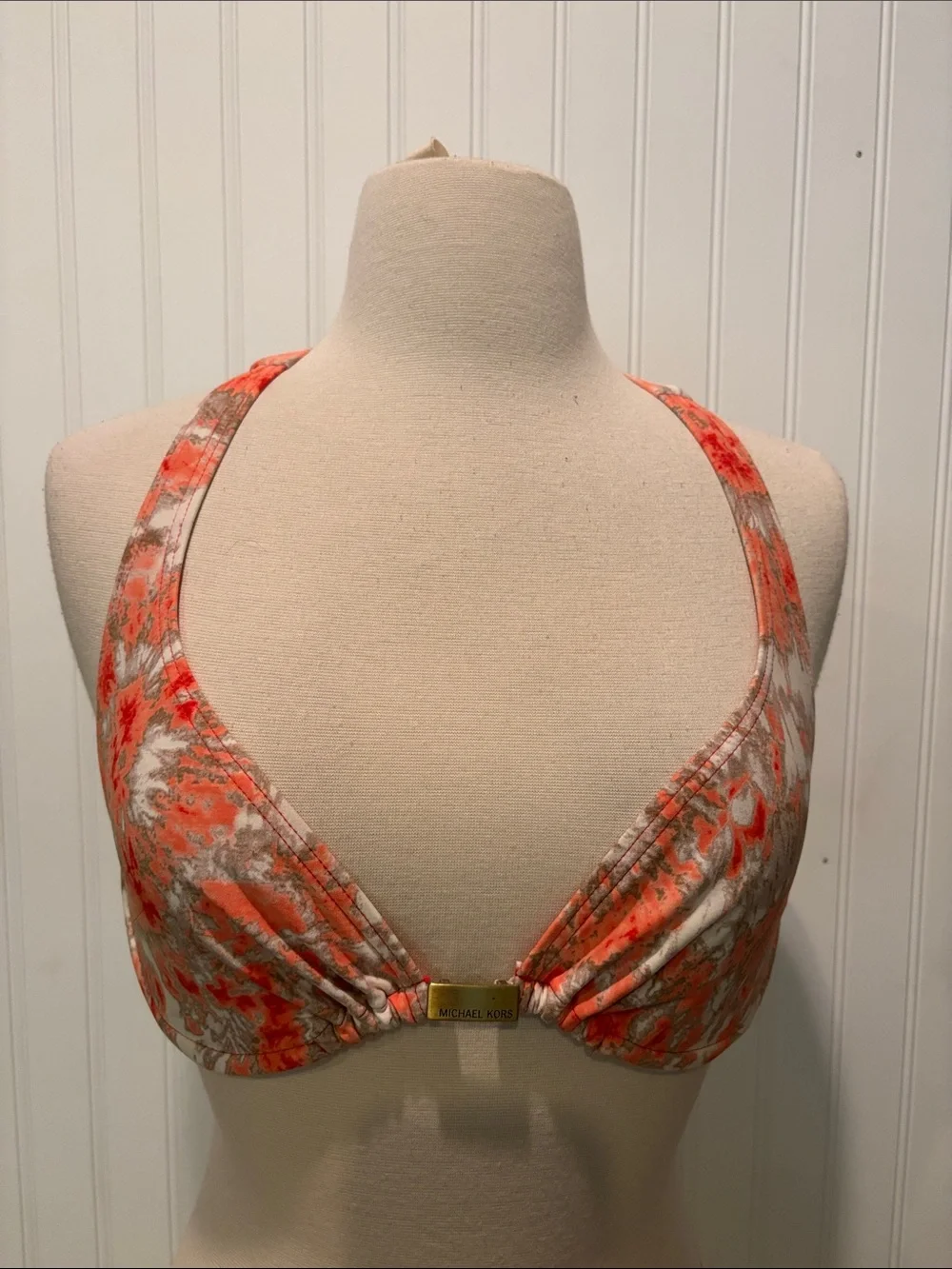 Michael Kors Coral & White Floral Design Halter Swim Top with Gold Logo Sz S